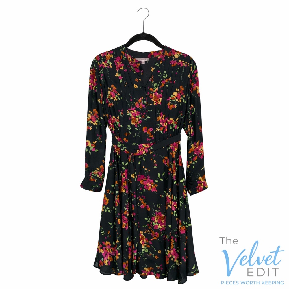 Nanette Lepore Black Floral Belted Fit & Flare Dress Size 6